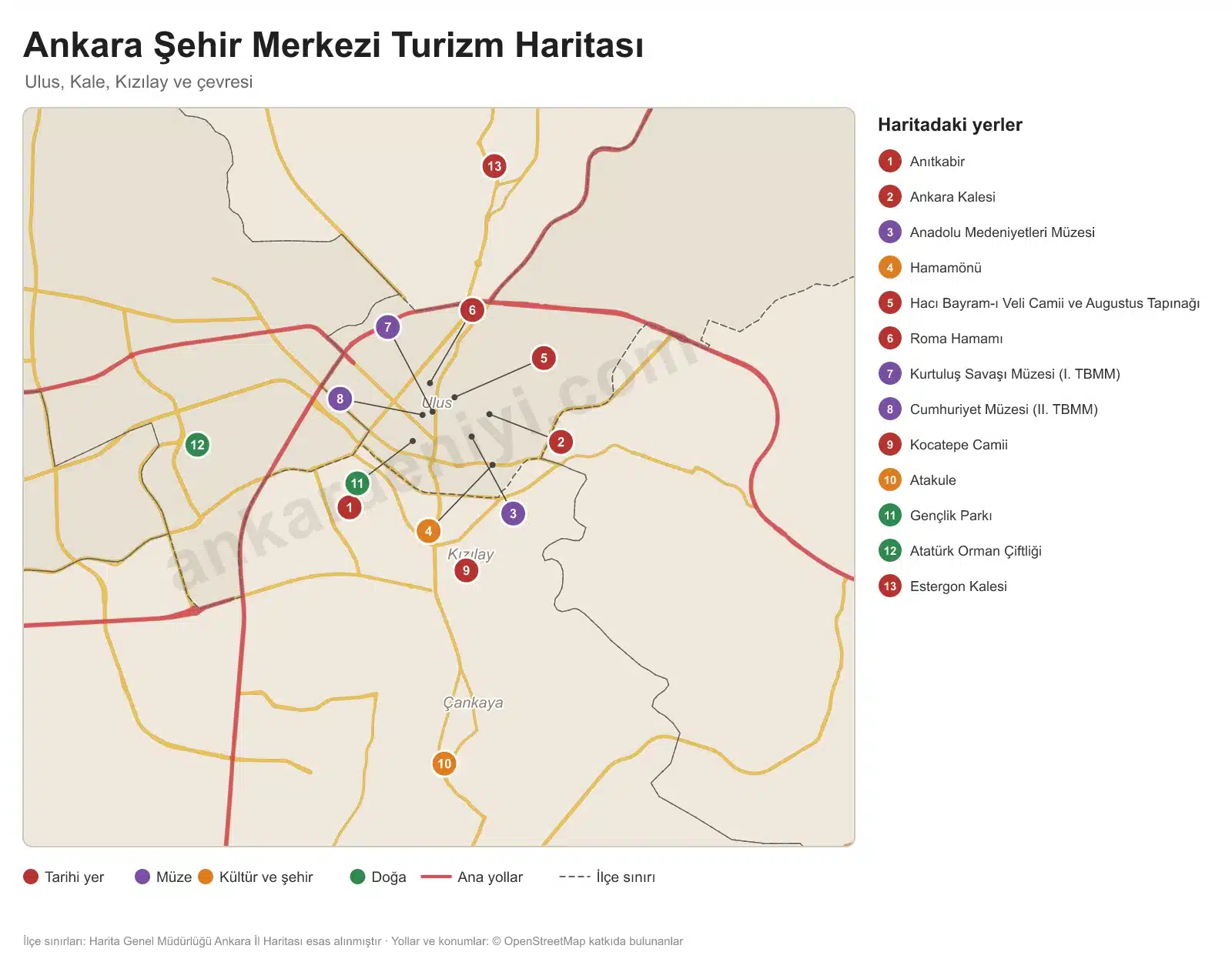 Ankara şehir merkezi turizm haritası: Anıtkabir, Ankara Kalesi, Ulus ve Kızılay çevresindeki tarihi yerler ve müzeler