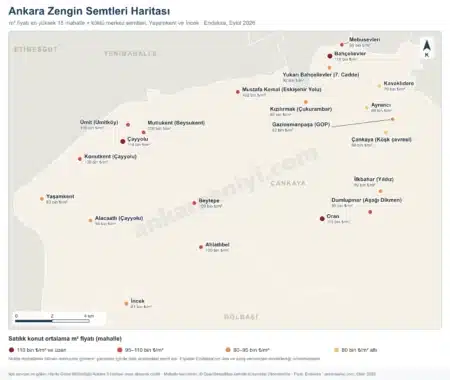 Ankara zengin semtleri haritası: satılık konutta m² fiyatı en yüksek mahalleler ve merkezdeki köklü semtler, fiyat bandına göre renkli noktalarla