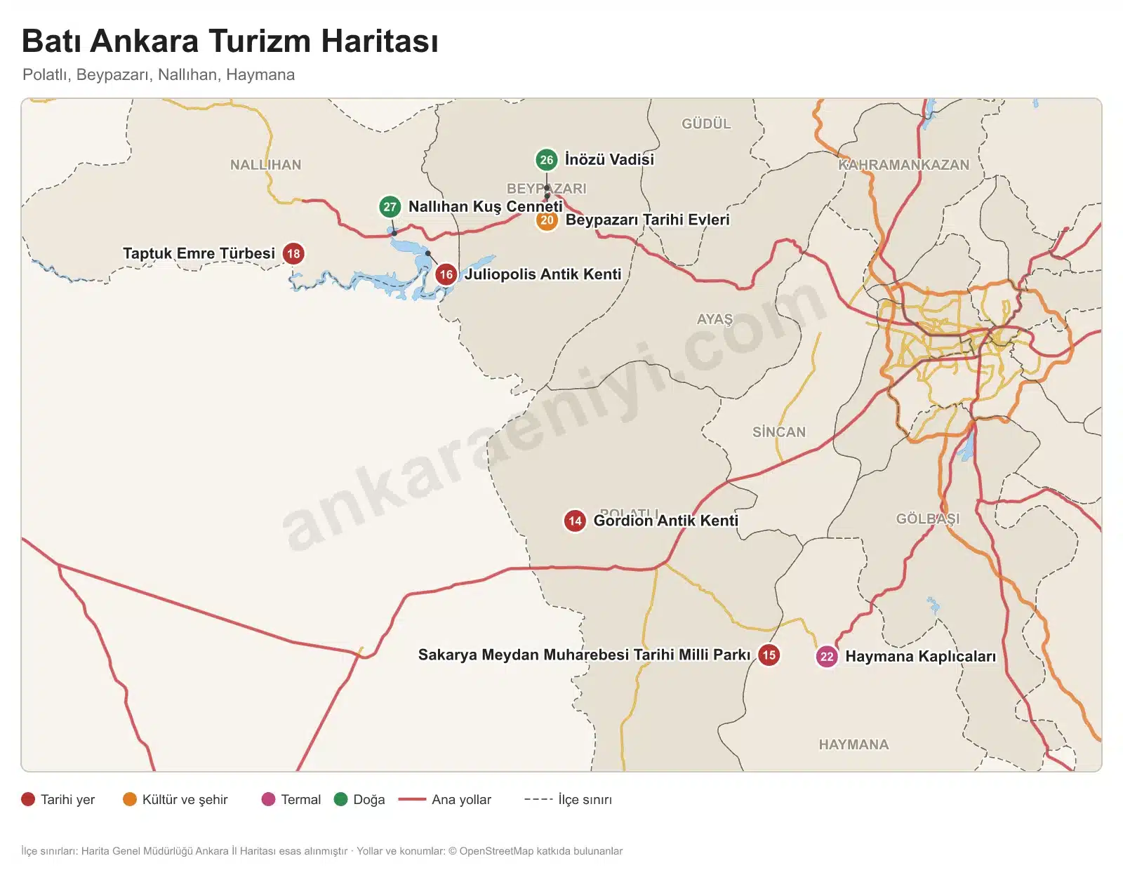 Batı Ankara turizm haritası: Gordion, Sakarya Meydan Muharebesi alanı, Beypazarı, Nallıhan Kuş Cenneti ve Haymana kaplıcaları