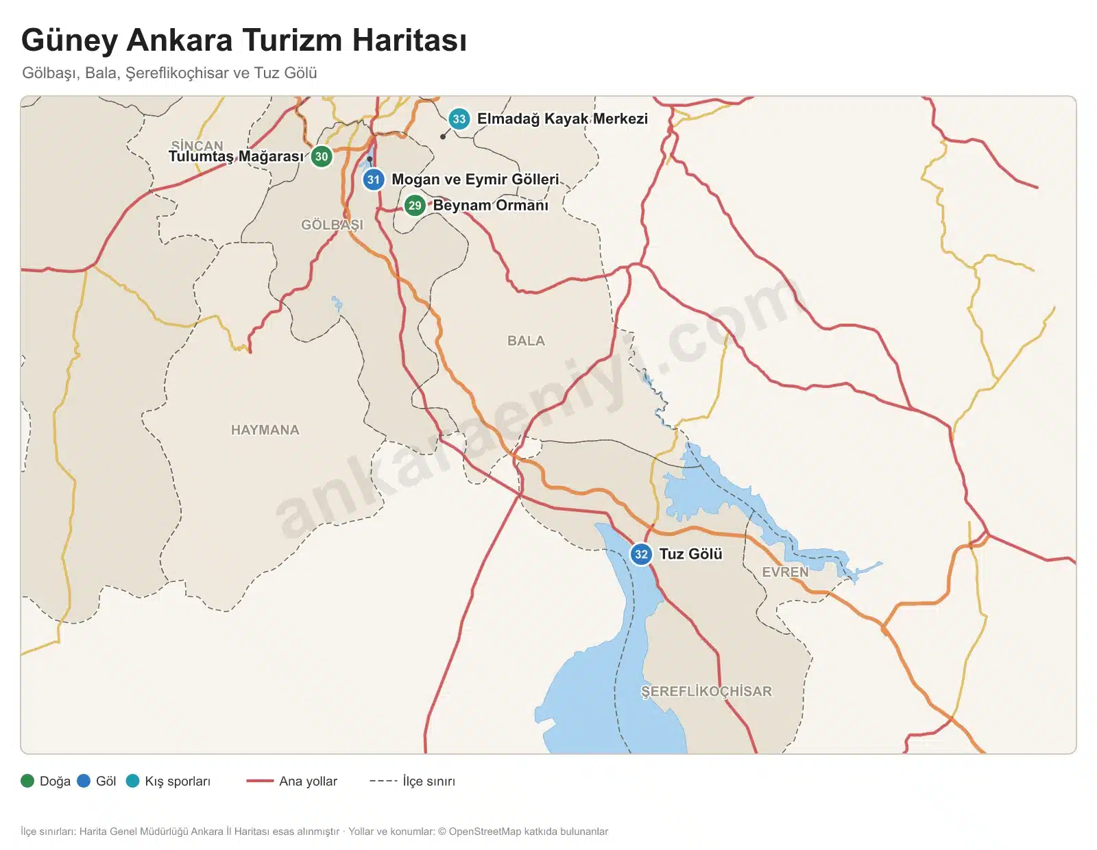 Güney Ankara turizm haritası: Mogan ve Eymir gölleri, Tulumtaş Mağarası, Beynam Ormanı, Elmadağ Kayak Merkezi ve Tuz Gölü