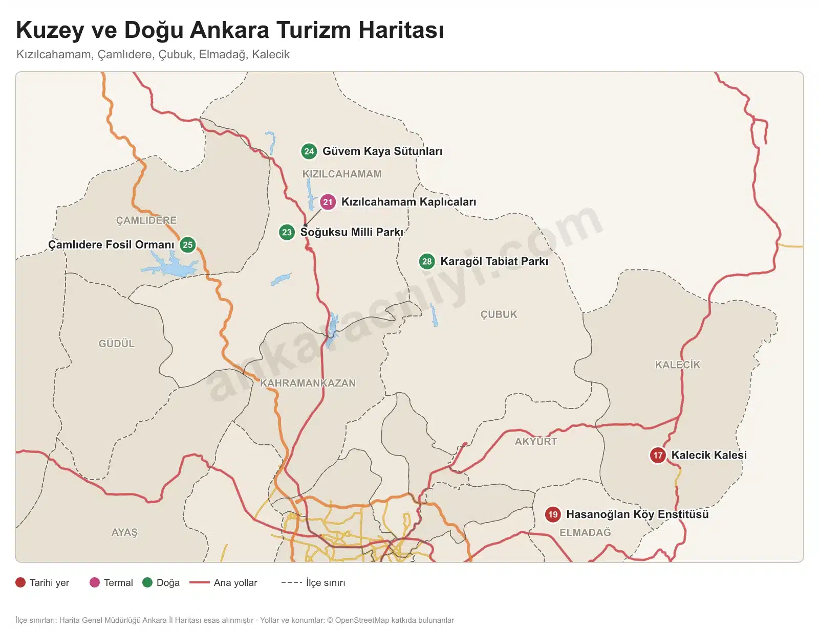 Kuzey ve Doğu Ankara turizm haritası: Soğuksu Milli Parkı, Kızılcahamam kaplıcaları, Güvem kaya sütunları, Çamlıdere fosil ormanı ve Kalecik Kalesi