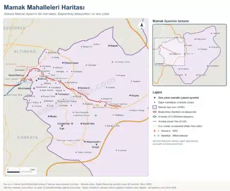 Mamak mahalleleri haritası: Ankara Mamak ilçesinin 64 mahallesi mor noktalarla; Başkentray hattı ve istasyonları, Dikimevi Ankaray istasyonu, Ankara Çevre Yolu, Nato Yolu Caddesi, hastaneler ve AVM’ler; sağda ilçenin tamamı